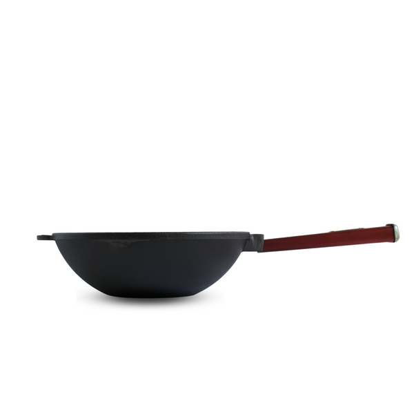 Сковорода WOK 2,2 л чавунна з дерев`яною ручкою Бордо та скляною кришкою